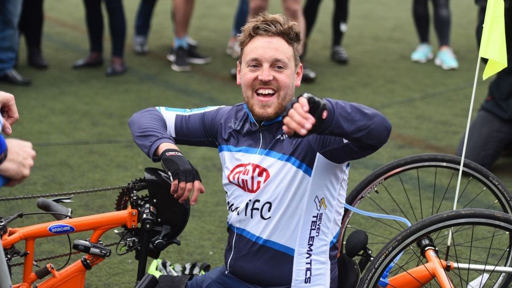 Shaun Whiter in 2017 after taking part in a 150 mile sponsored cycle challenge shortly after his accident to raise funds for EAAA and Addenbrooke's who both treated him