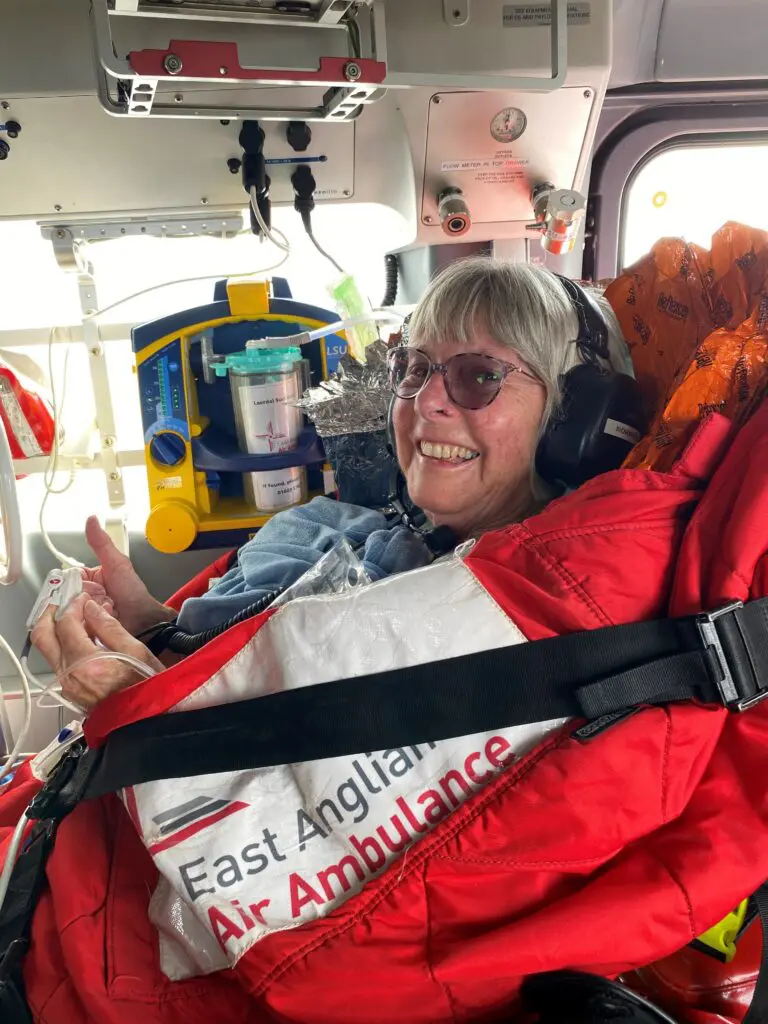 Former patient Liz Mantle in helicopter