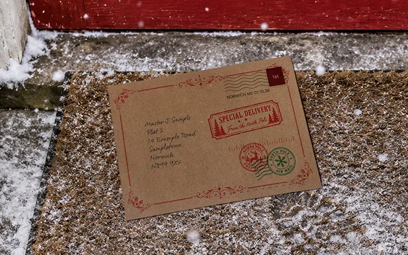A Father Christmas envelope on a doormat at Christmas