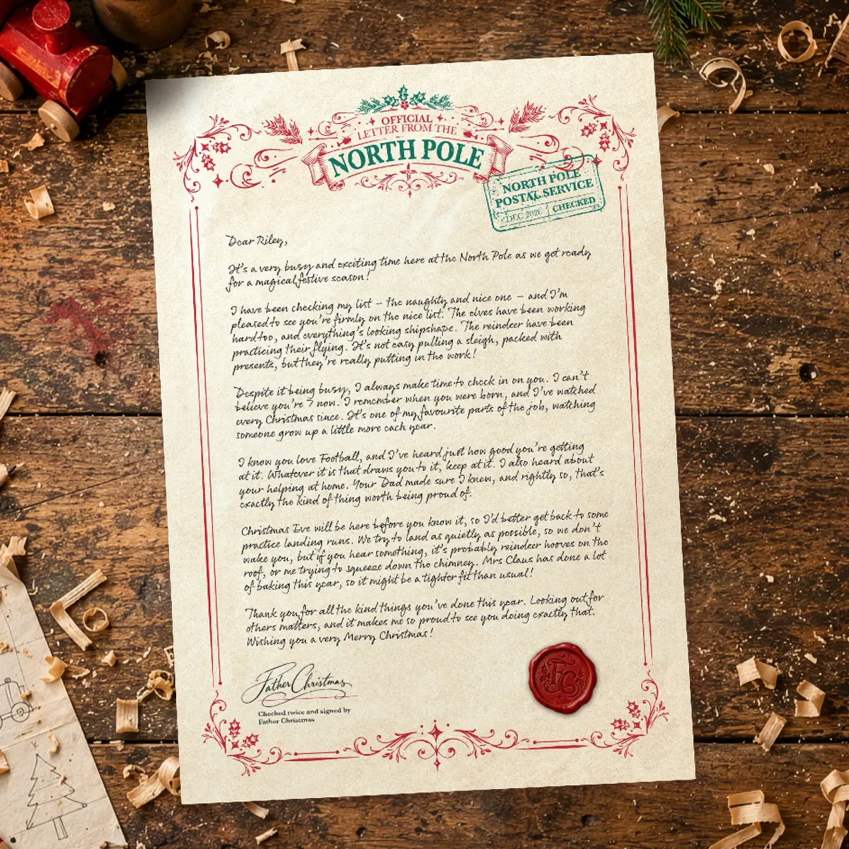 A personalised letter from Father Christmas with a red wax seal