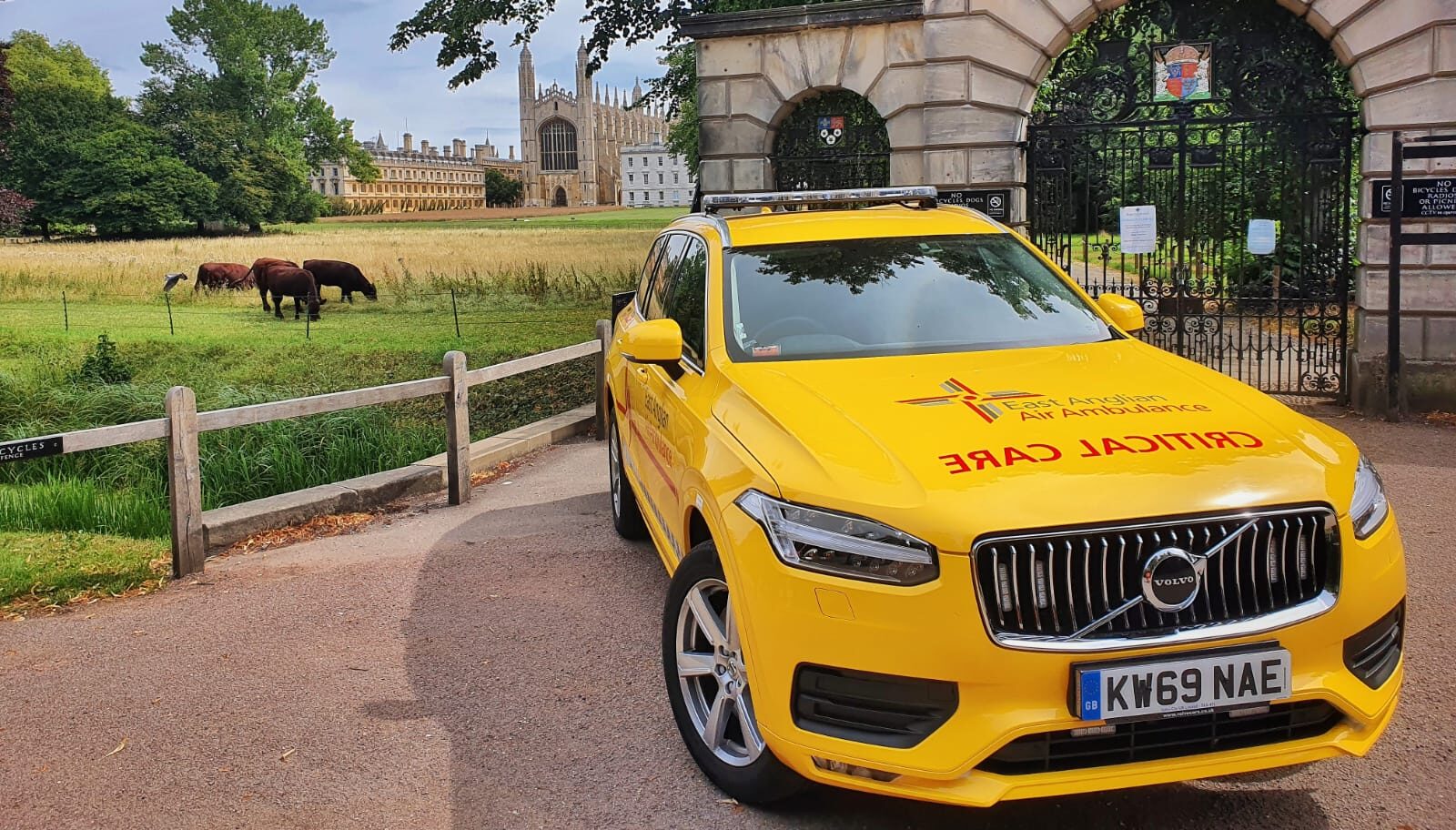 Yellow critical care car parked in Cambridge